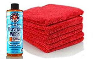 Microfiber Towel Detergent with Pile of Car Washing Towels