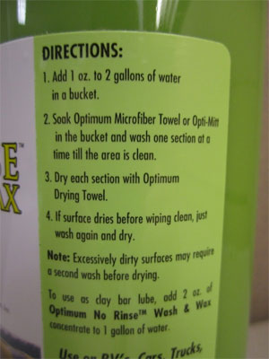 Optimum No Rise Wash & Wax Instruction Label